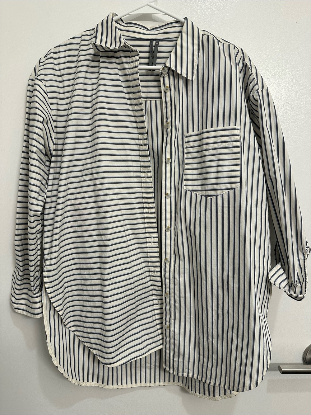 Anthropologie White and Navy Striped Button-Down Shirt